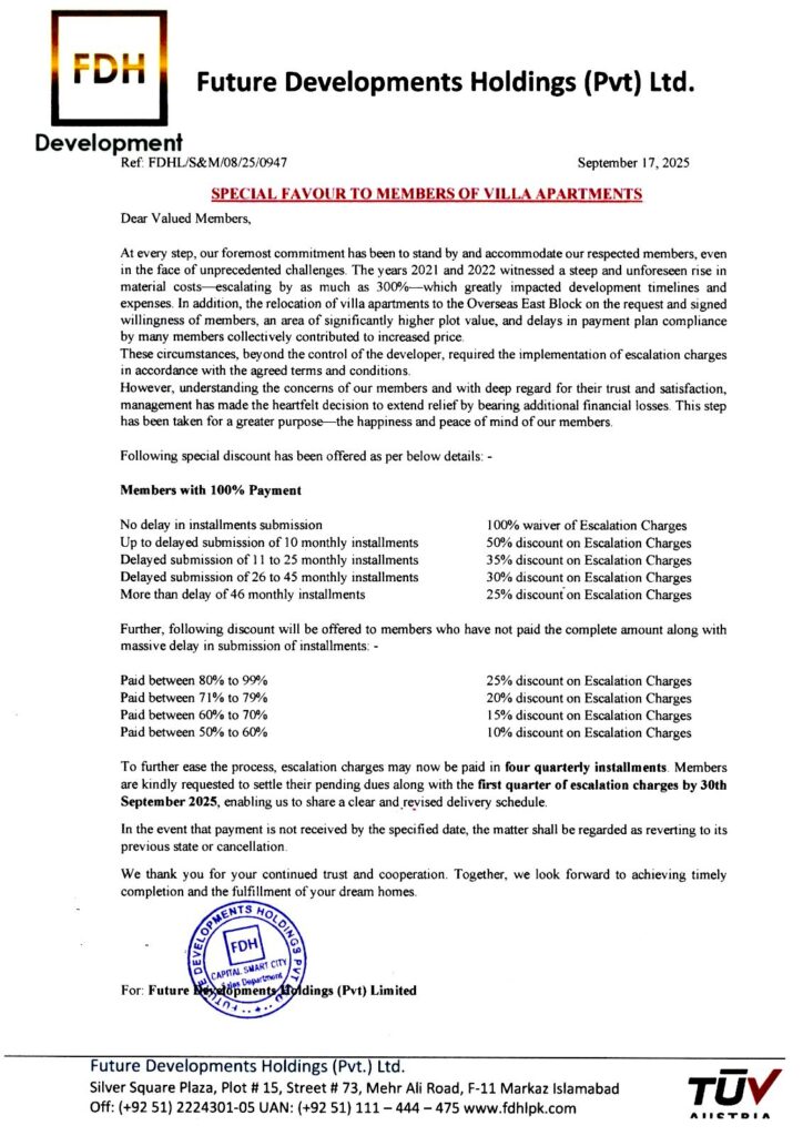 Capital Smart City Announces Special Relief for Villa Apartment Members: Addressing Delays and Escalation Charges